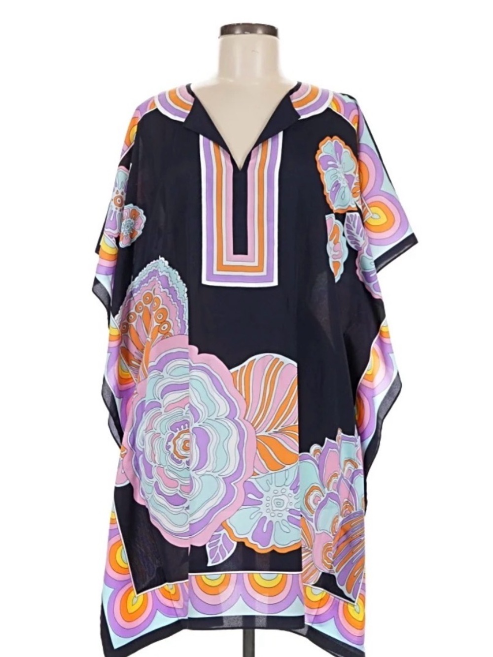 Trina Turk Navy Tunic Swimsuit Coverupwith Purple, Pink and Orange M/L